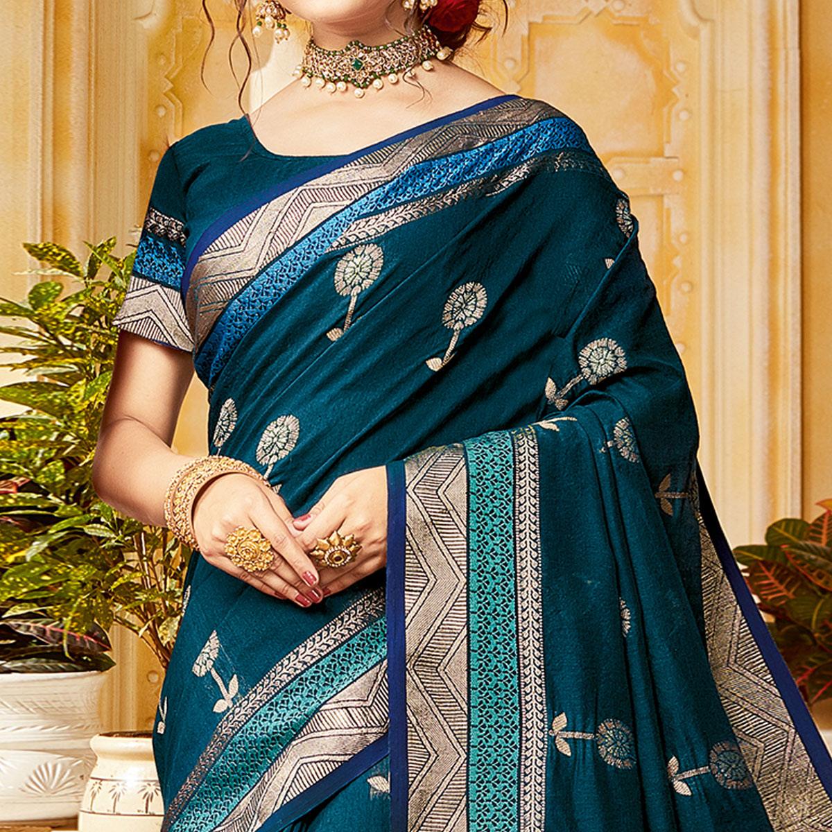 Imposing Dark Green Colored Festive Wear Woven Cotton Handloom Saree