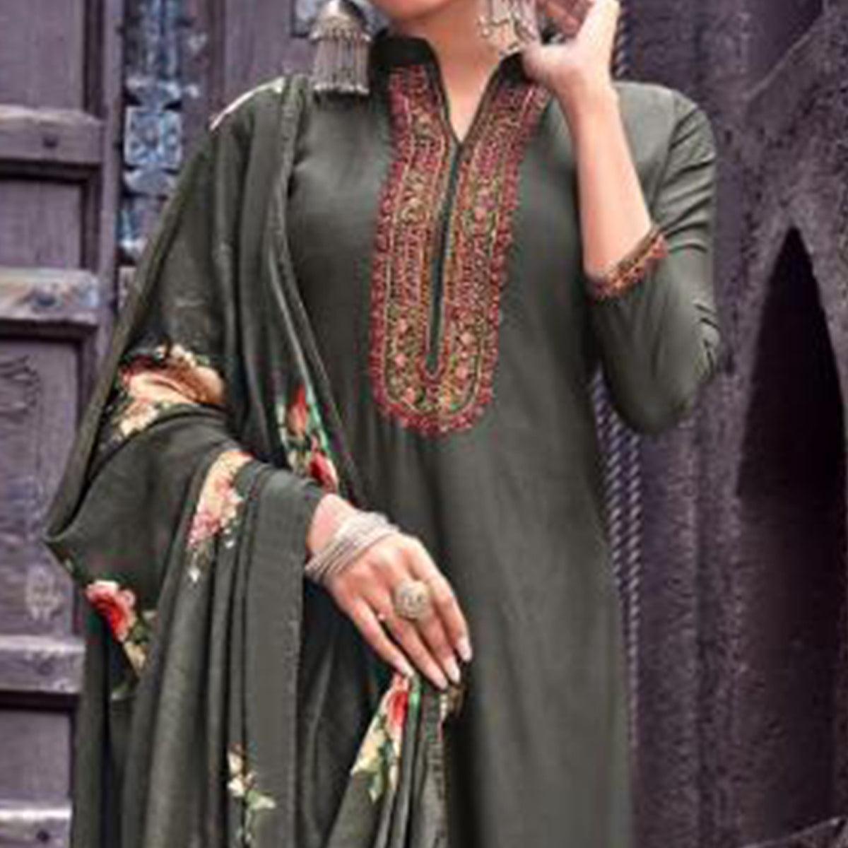 Imposing Dark Grey Colored Partywear Printed Viscose Muslin Suit