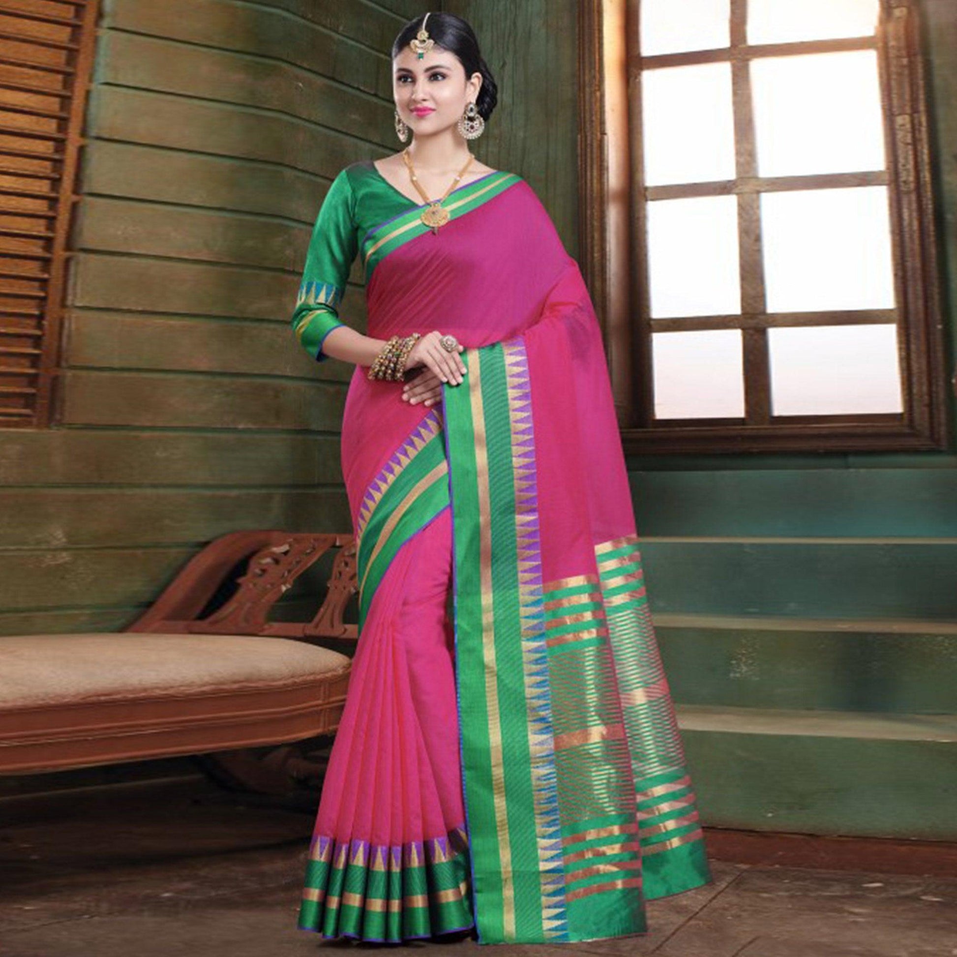 Imposing Dark Pink Colored Festive Wear Woven Cotton Handloom Saree
