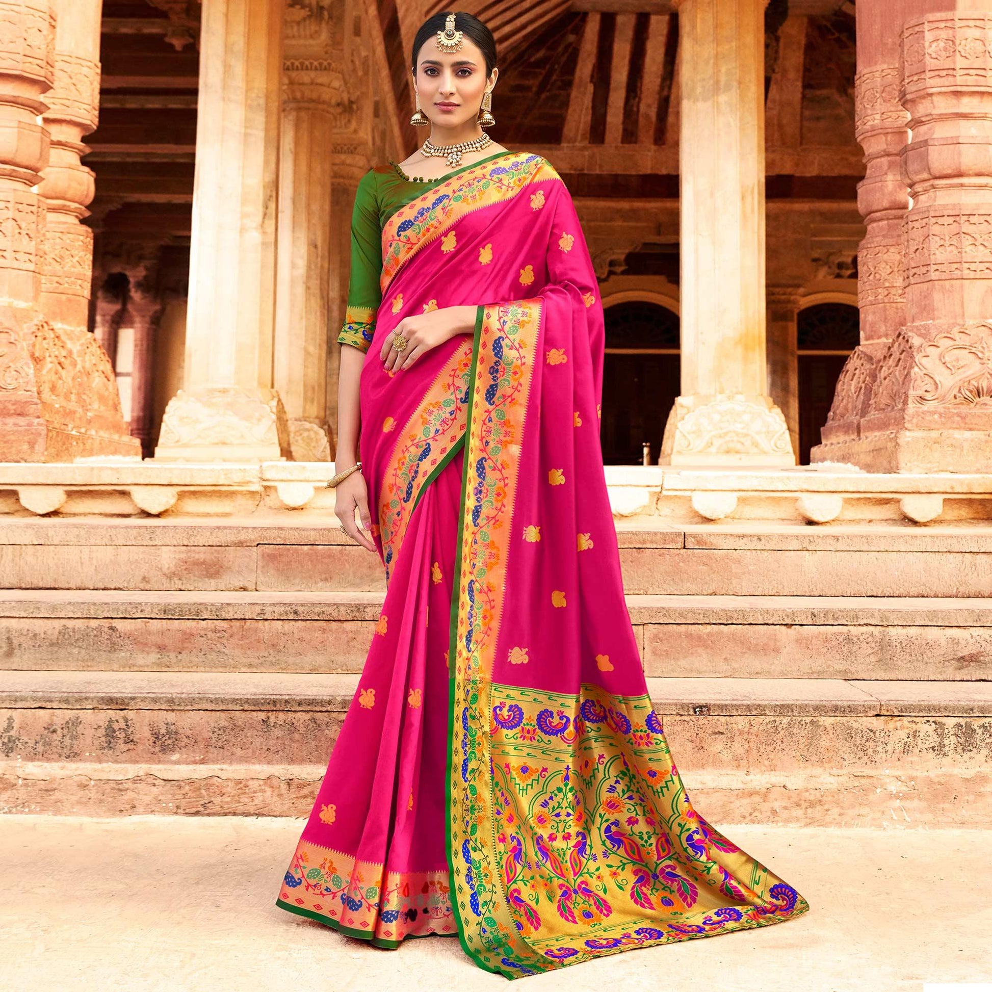 Imposing Dark Pink Colored Festive Wear Woven Paithani Silk Saree