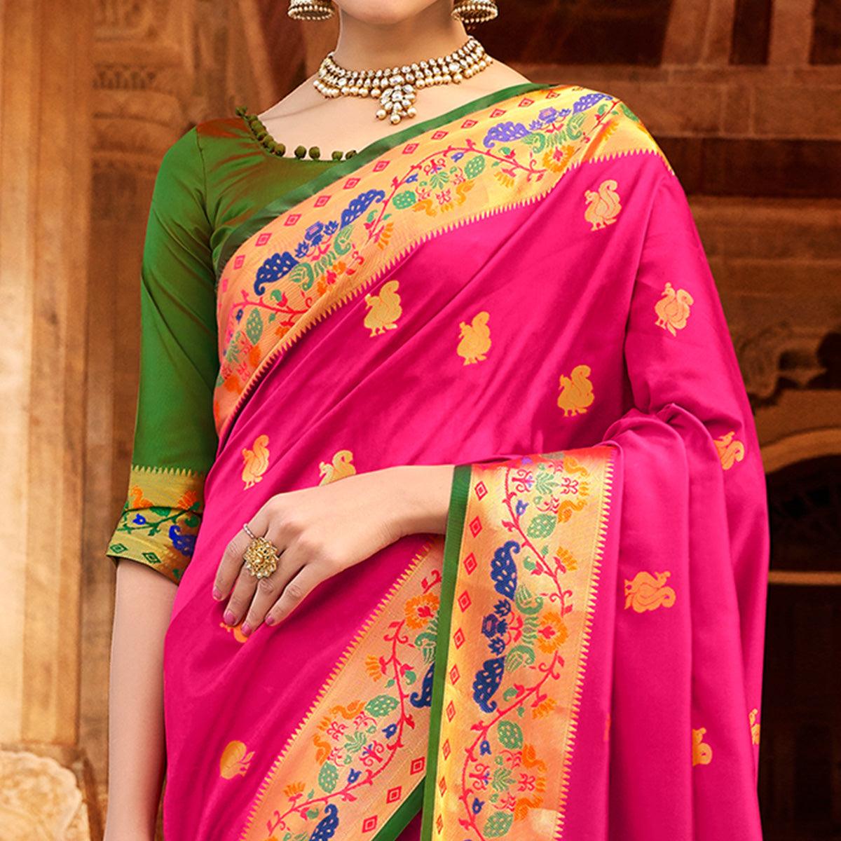 Imposing Dark Pink Colored Festive Wear Woven Paithani Silk Saree