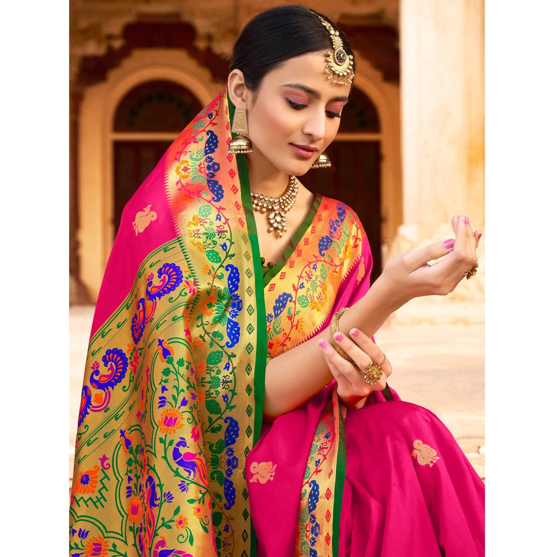Imposing Dark Pink Colored Festive Wear Woven Paithani Silk Saree