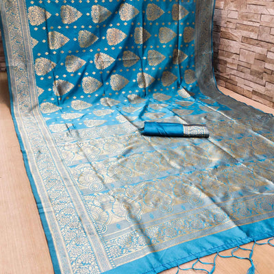 Imposing Firozi Blue Colored Festive Wear Woven Banarasi Silk Saree