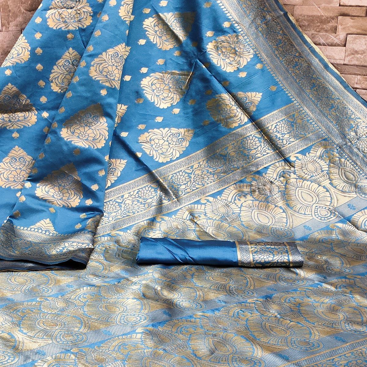 Imposing Firozi Blue Colored Festive Wear Woven Banarasi Silk Saree