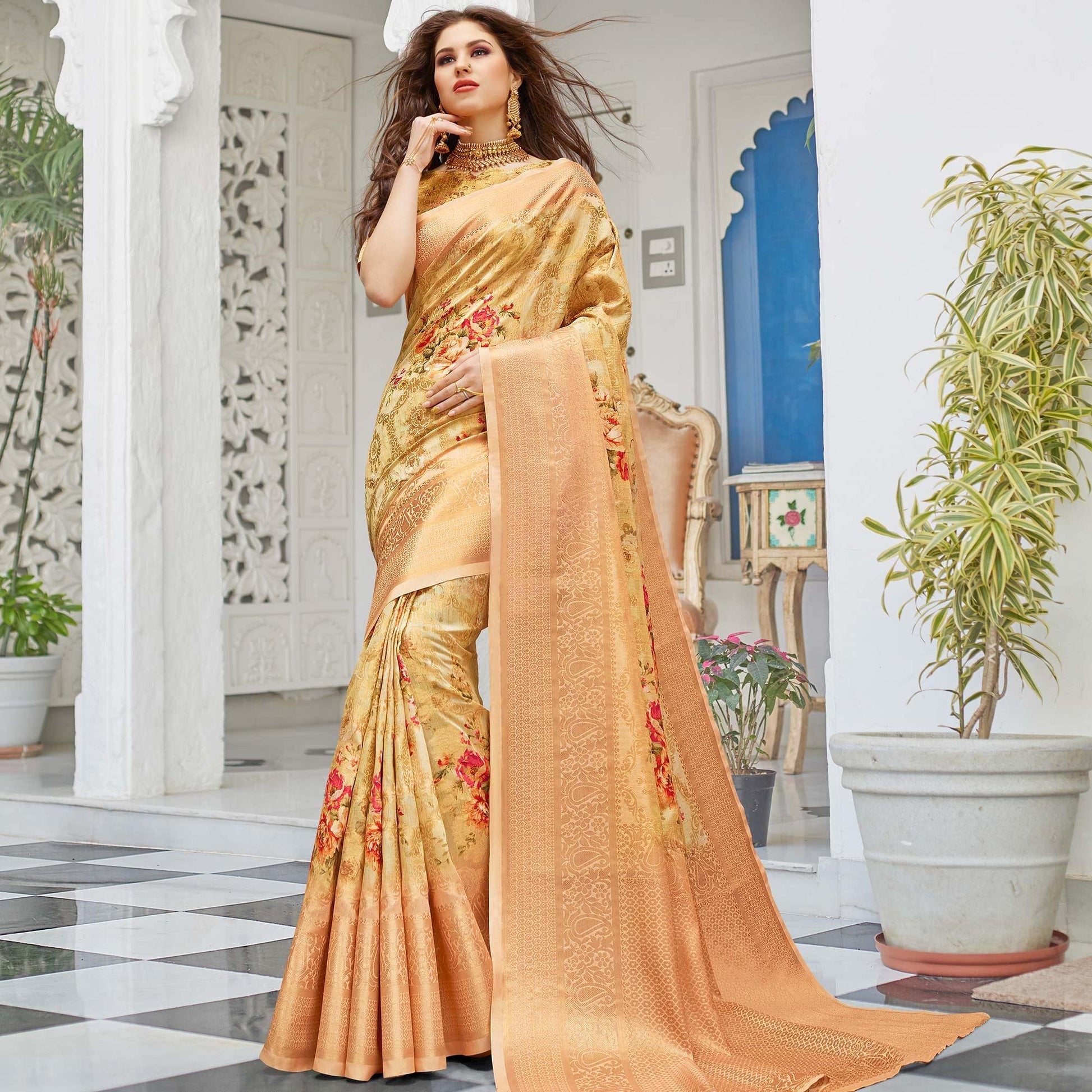 Imposing Golden Colored Partywear Digital Floral Printed Silk Saree