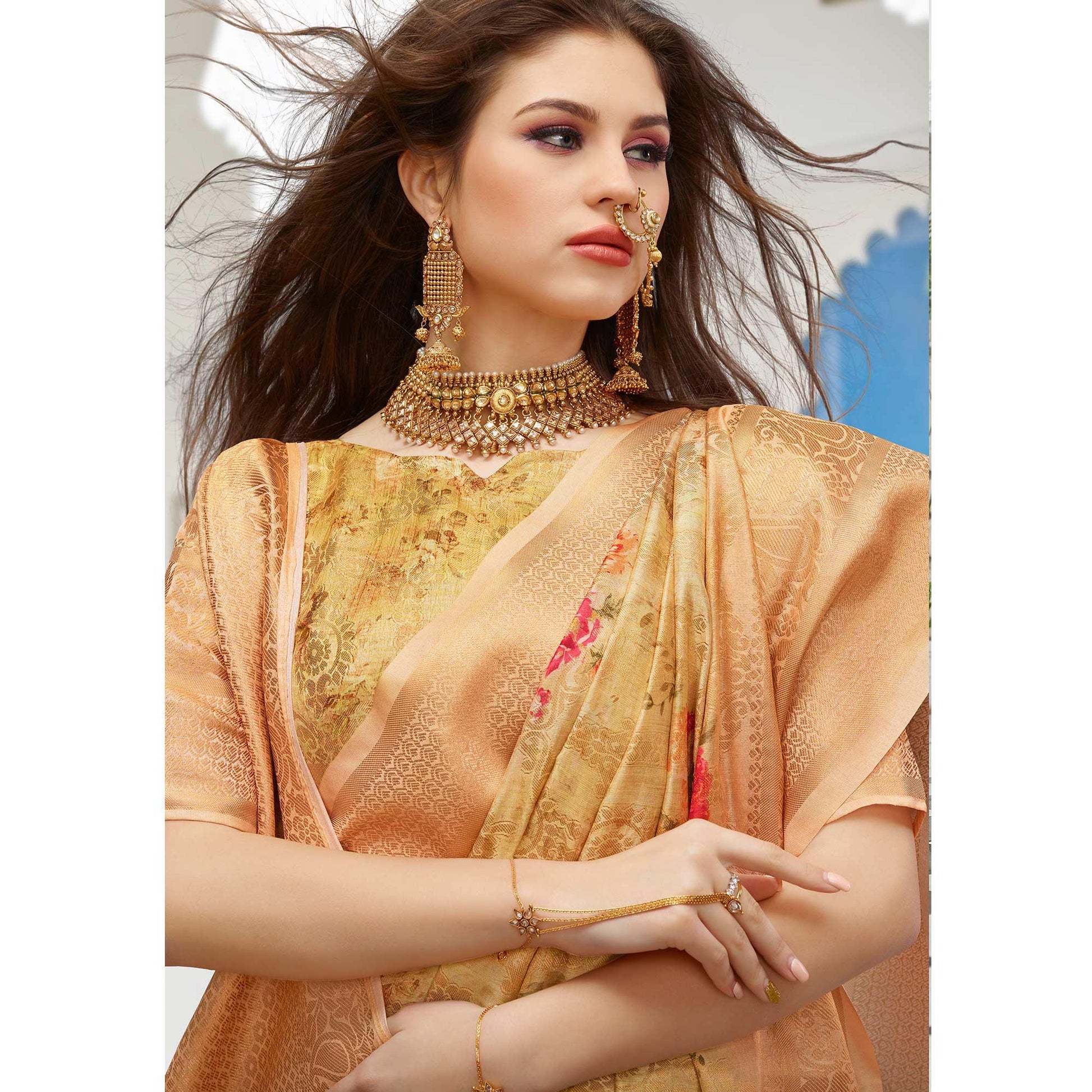 Imposing Golden Colored Partywear Digital Floral Printed Silk Saree