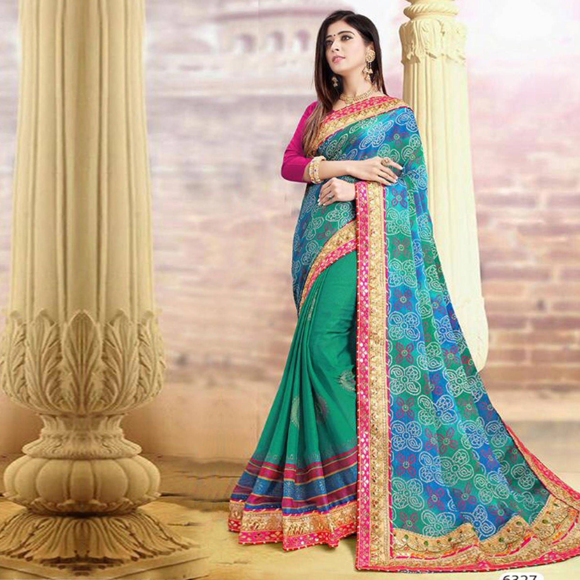 Imposing Green-Blue Colored Festive Wear Zari Work Moss Chiffon Half-Half Saree