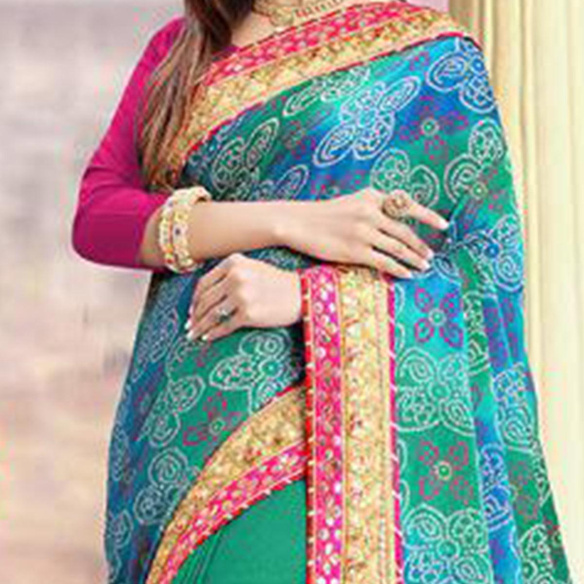 Imposing Green-Blue Colored Festive Wear Zari Work Moss Chiffon Half-Half Saree