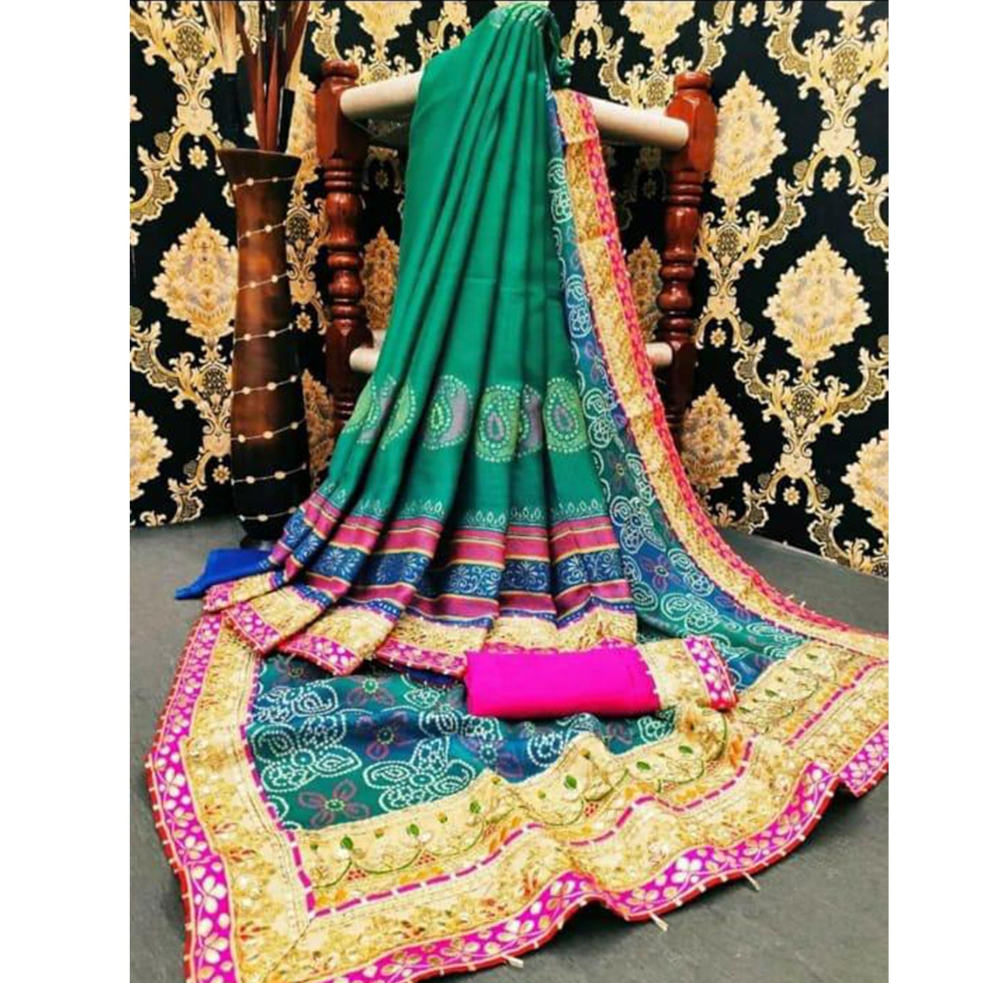 Imposing Green-Blue Colored Festive Wear Zari Work Moss Chiffon Half-Half Saree