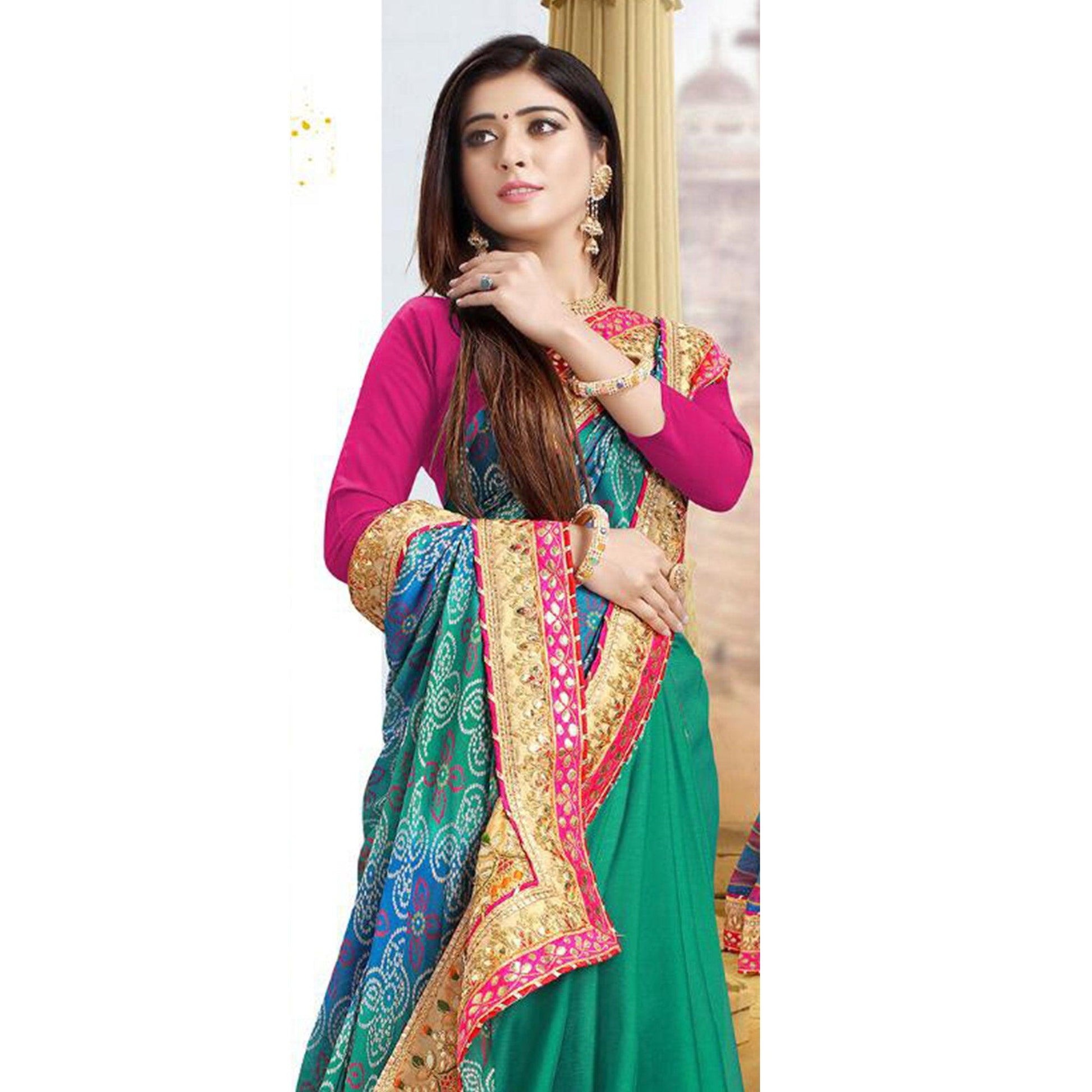 Imposing Green-Blue Colored Festive Wear Zari Work Moss Chiffon Half-Half Saree