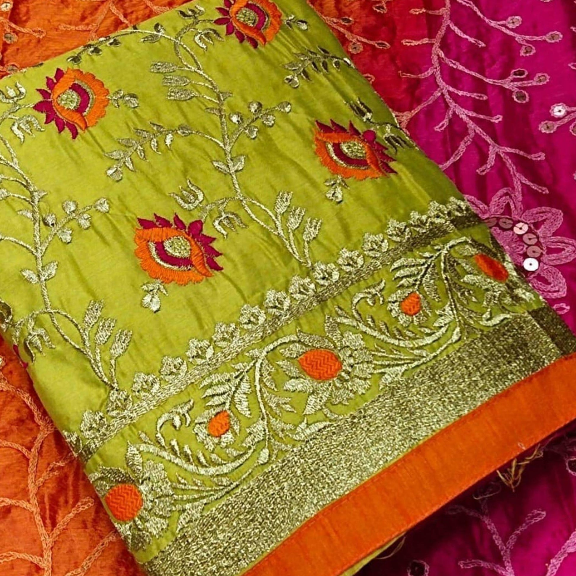 Imposing Green Colored Festive Wear Embroidered Chanderi Dress Material