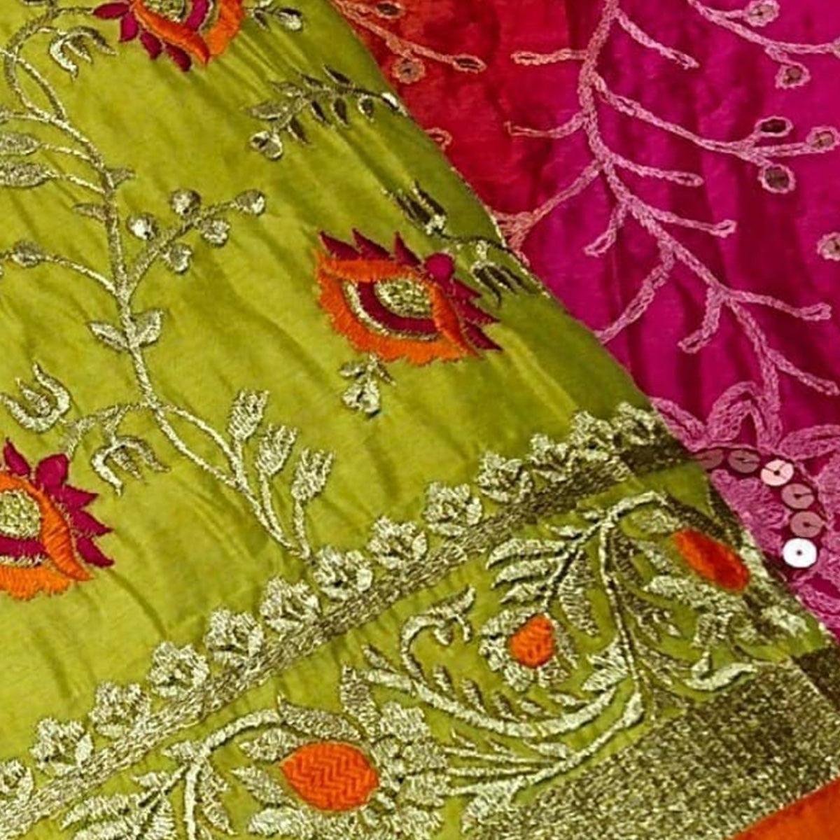 Imposing Green Colored Festive Wear Embroidered Chanderi Dress Material