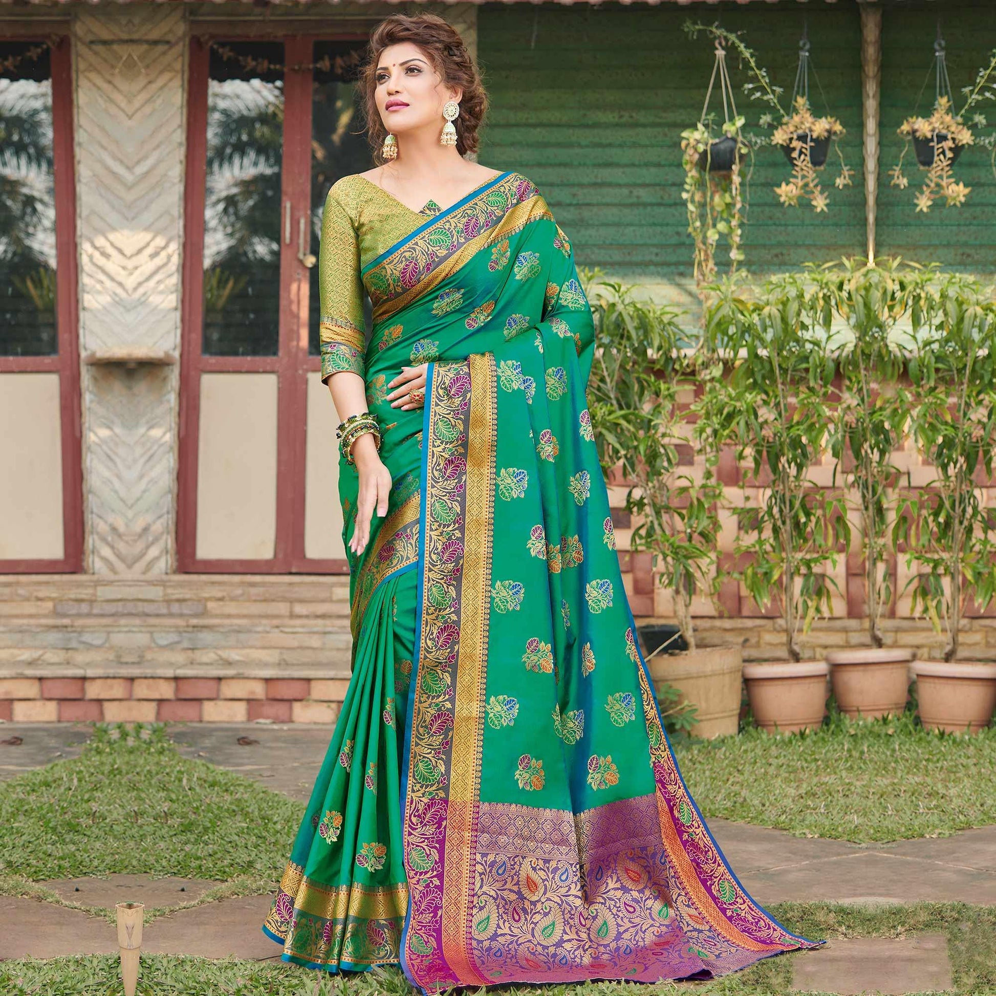 Imposing Green Colored Festive Wear Woven Banaras Silk Saree