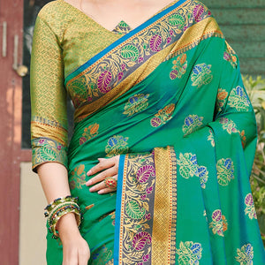 Imposing Green Colored Festive Wear Woven Banaras Silk Saree