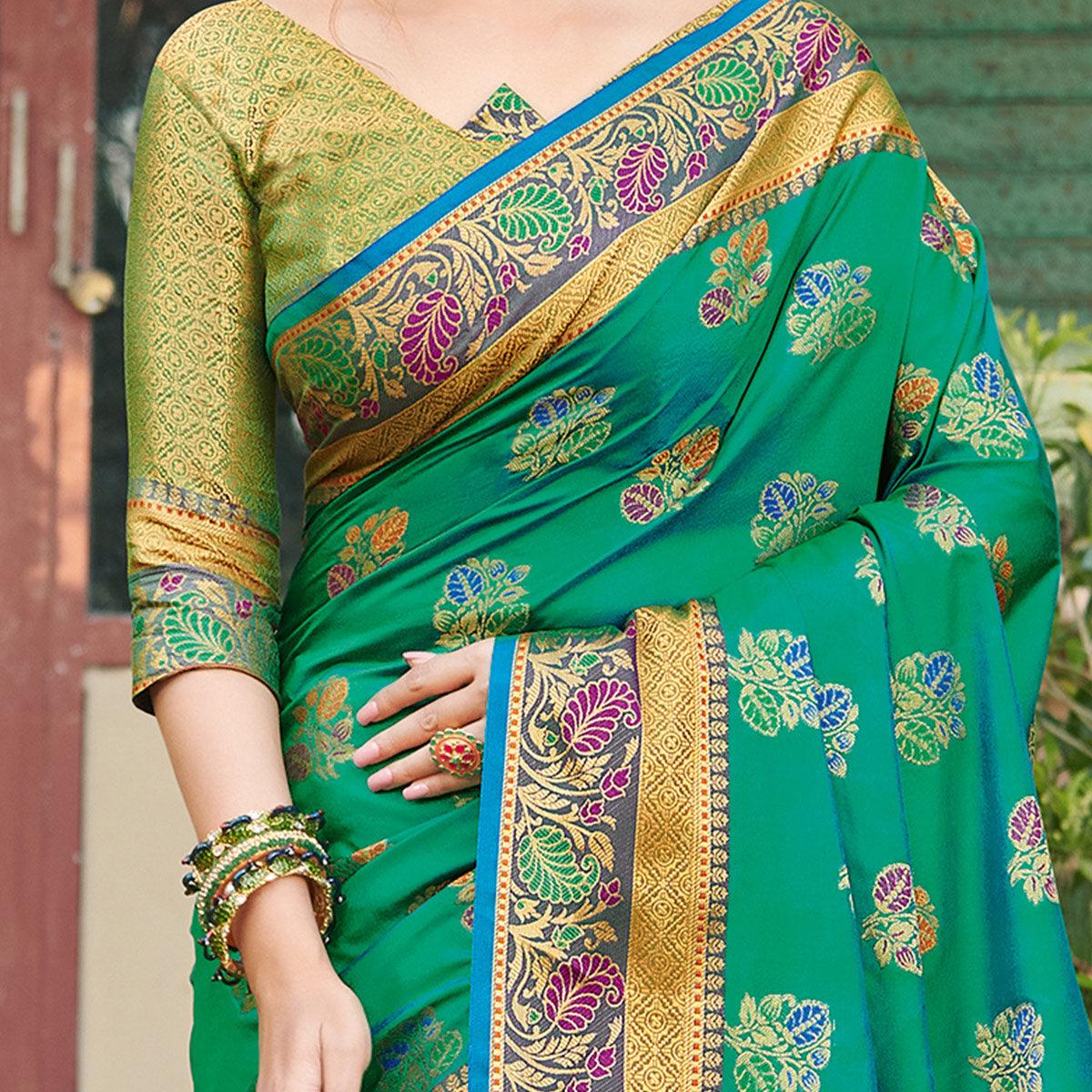 Imposing Green Colored Festive Wear Woven Banaras Silk Saree