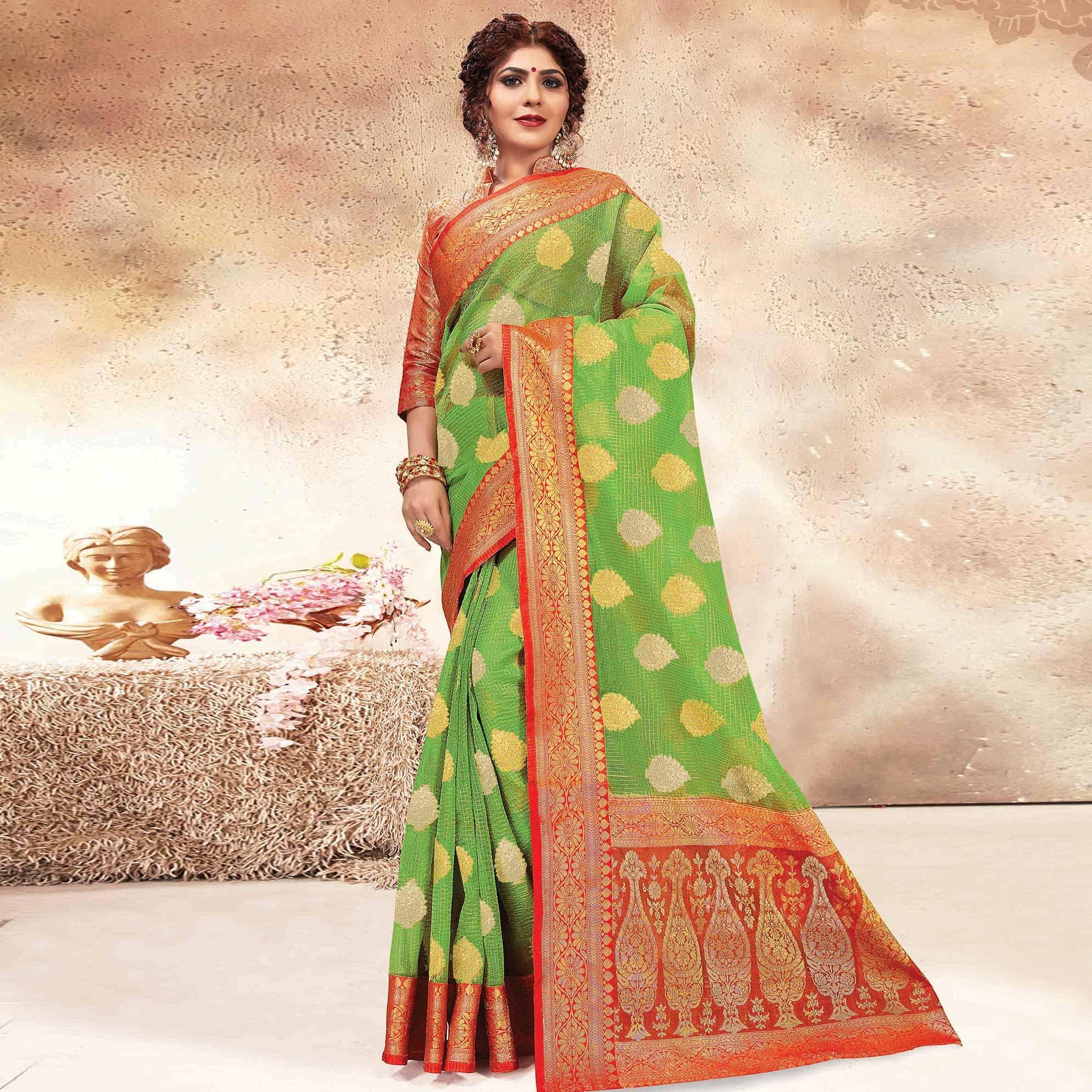 Imposing Green Colored Festive Wear Woven Banarasi Kota Silk Saree