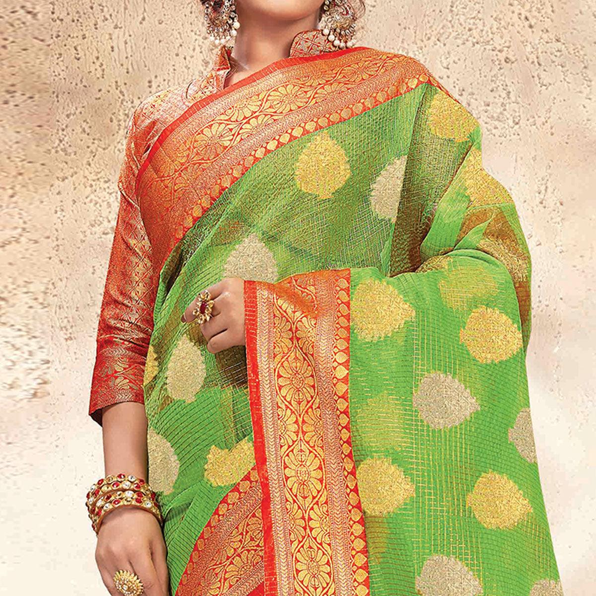 Imposing Green Colored Festive Wear Woven Banarasi Kota Silk Saree