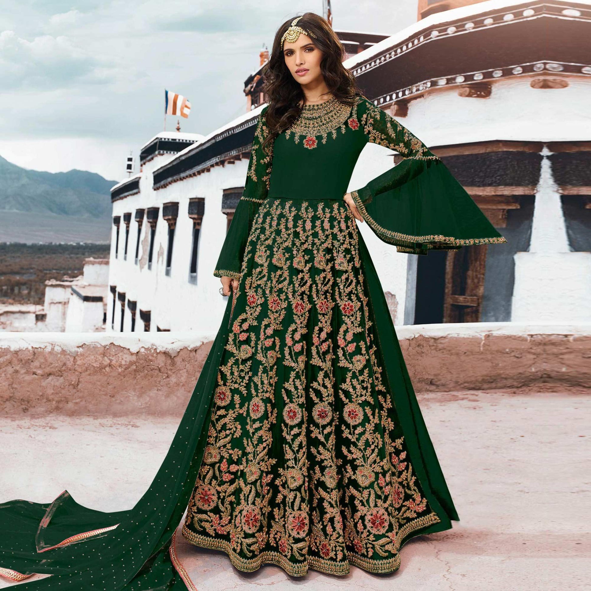 Imposing Green Colored Partywear Embroidered Netted Anarkali Suit