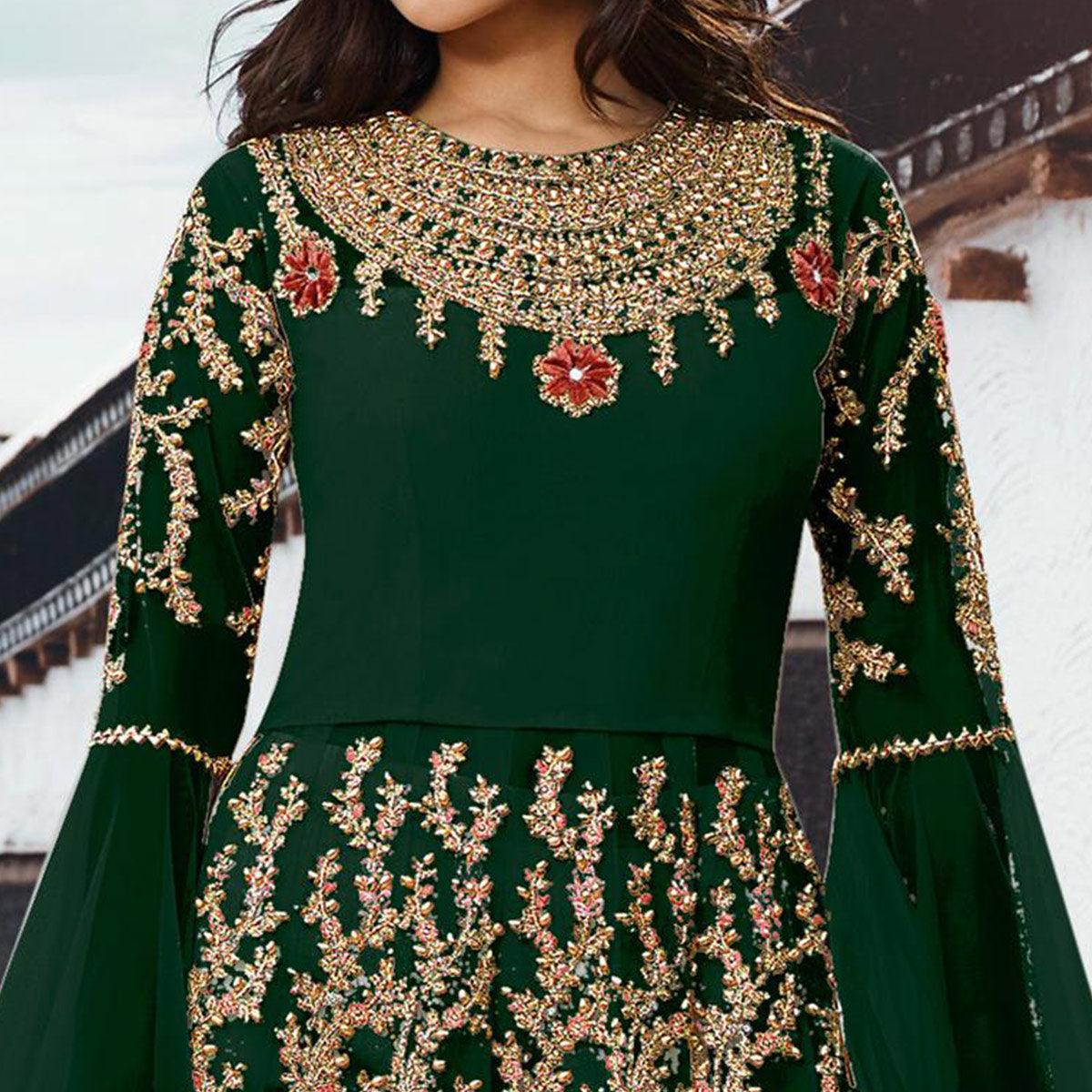 Imposing Green Colored Partywear Embroidered Netted Anarkali Suit
