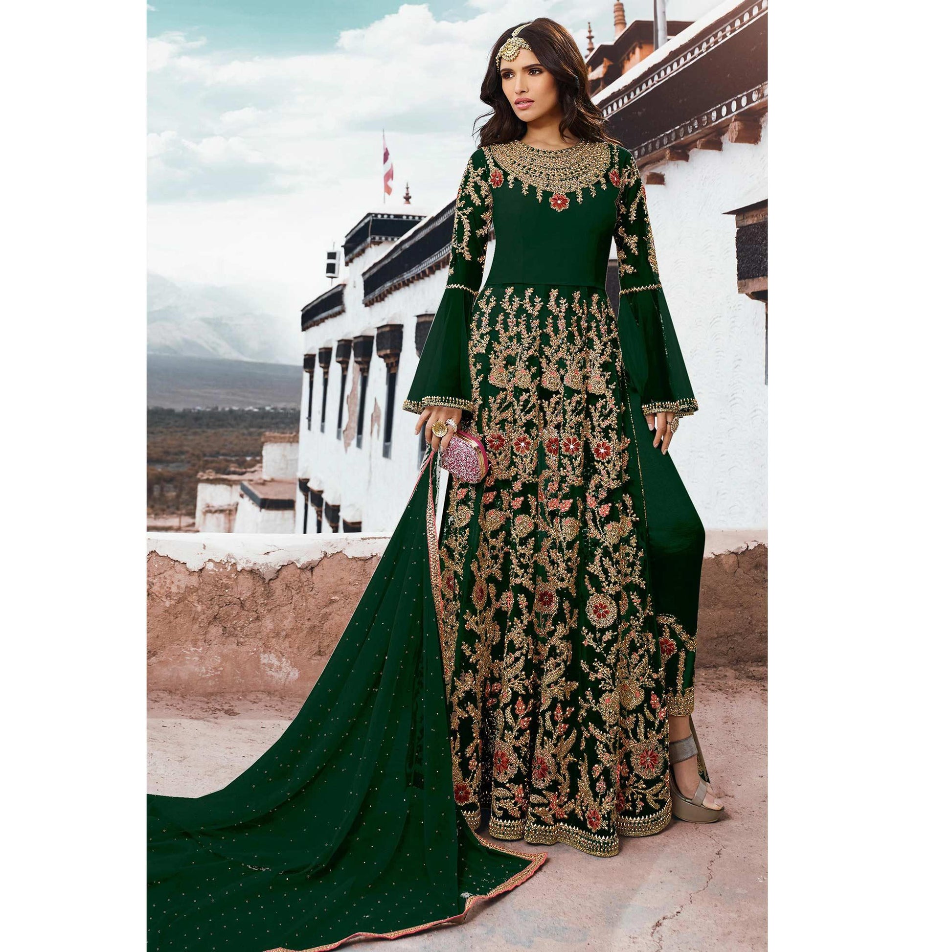 Imposing Green Colored Partywear Embroidered Netted Anarkali Suit