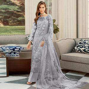 Imposing Grey Cololred Partywear Embroidered Net Palazzo Suit