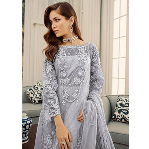 Imposing Grey Cololred Partywear Embroidered Net Palazzo Suit