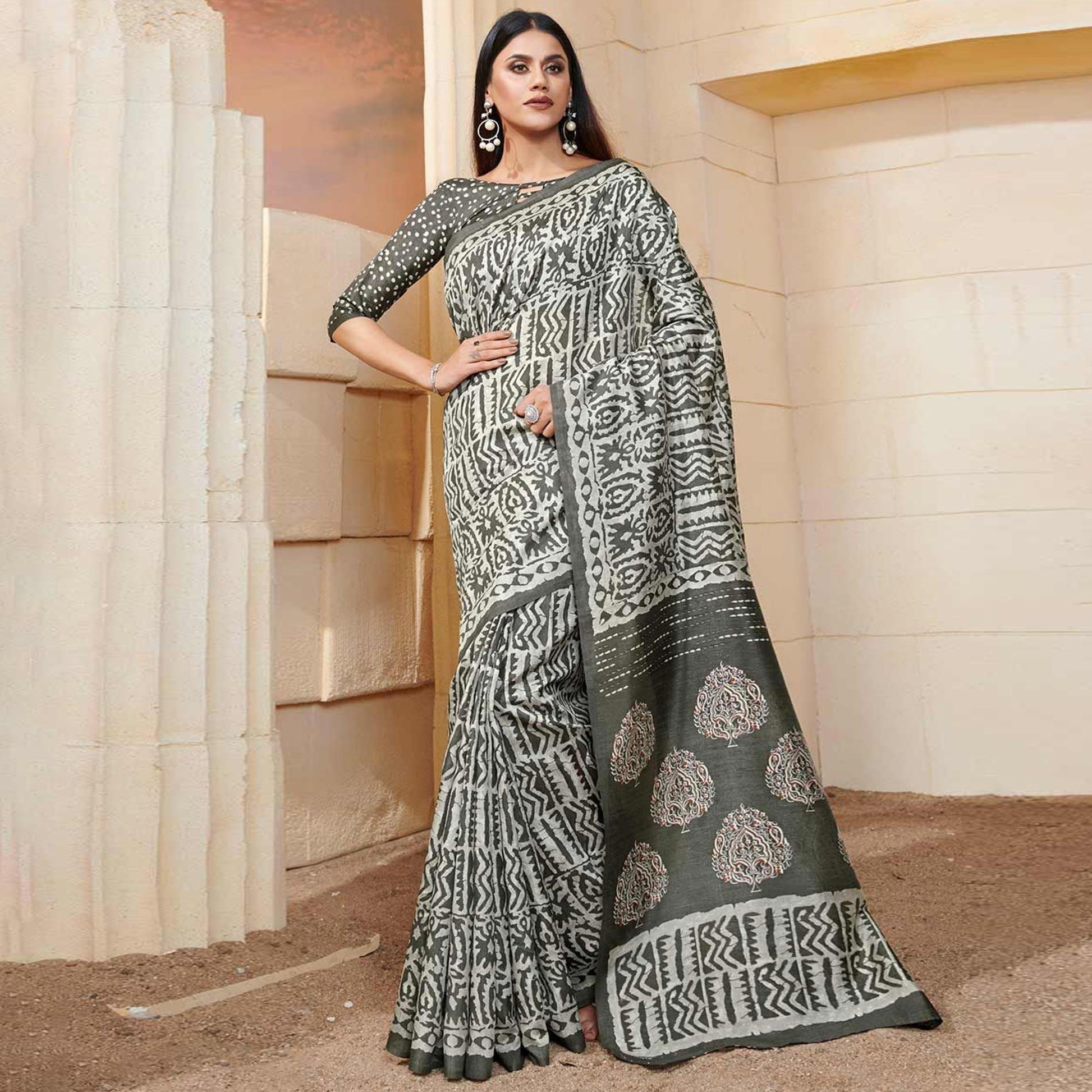 Imposing Grey Colored Casual Wear Printed Bhagalpuri Silk Saree