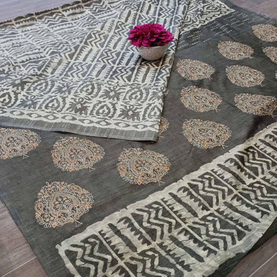 Imposing Grey Colored Casual Wear Printed Bhagalpuri Silk Saree