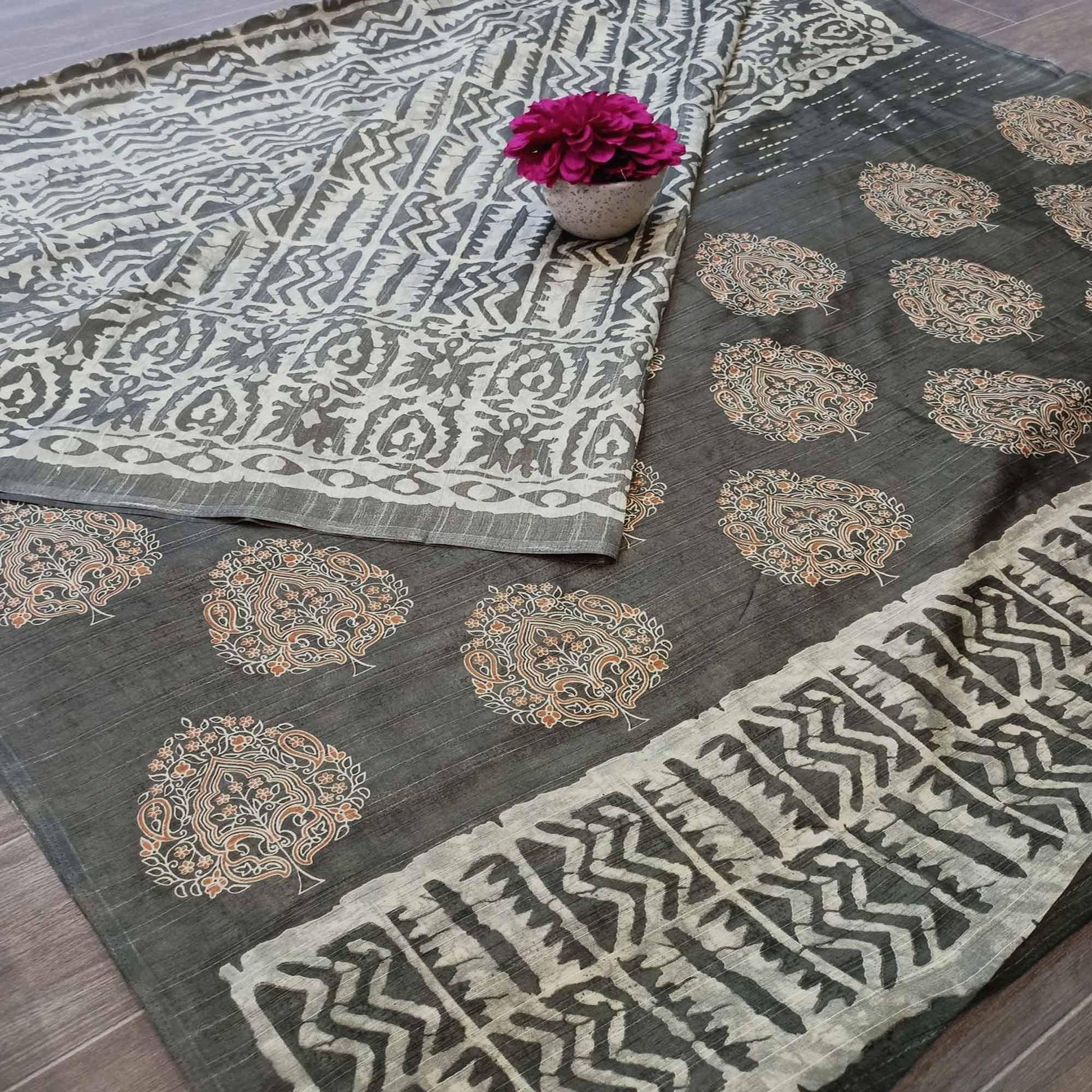 Imposing Grey Colored Casual Wear Printed Bhagalpuri Silk Saree