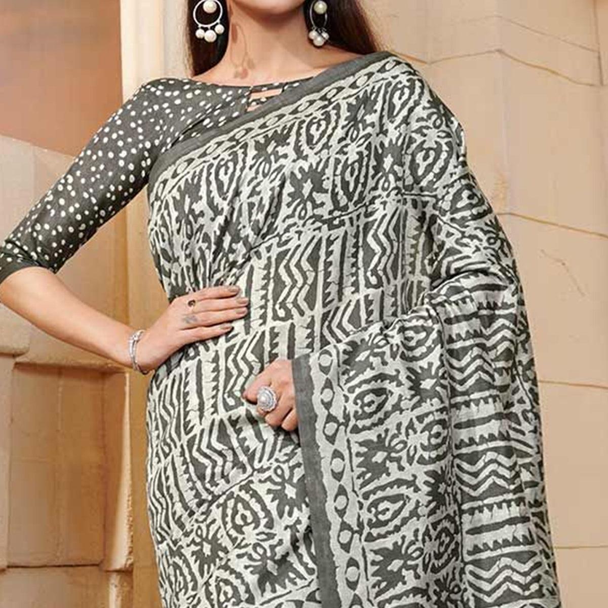 Imposing Grey Colored Casual Wear Printed Bhagalpuri Silk Saree