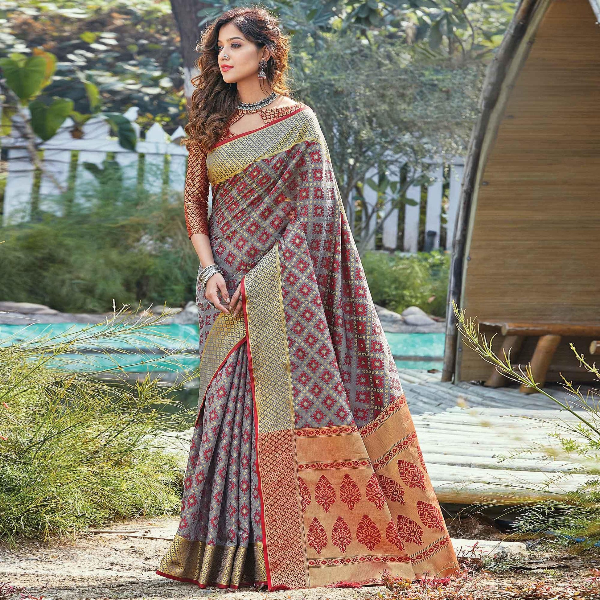 Imposing Grey Colored Festive Wear Patan Patola Silk Saree