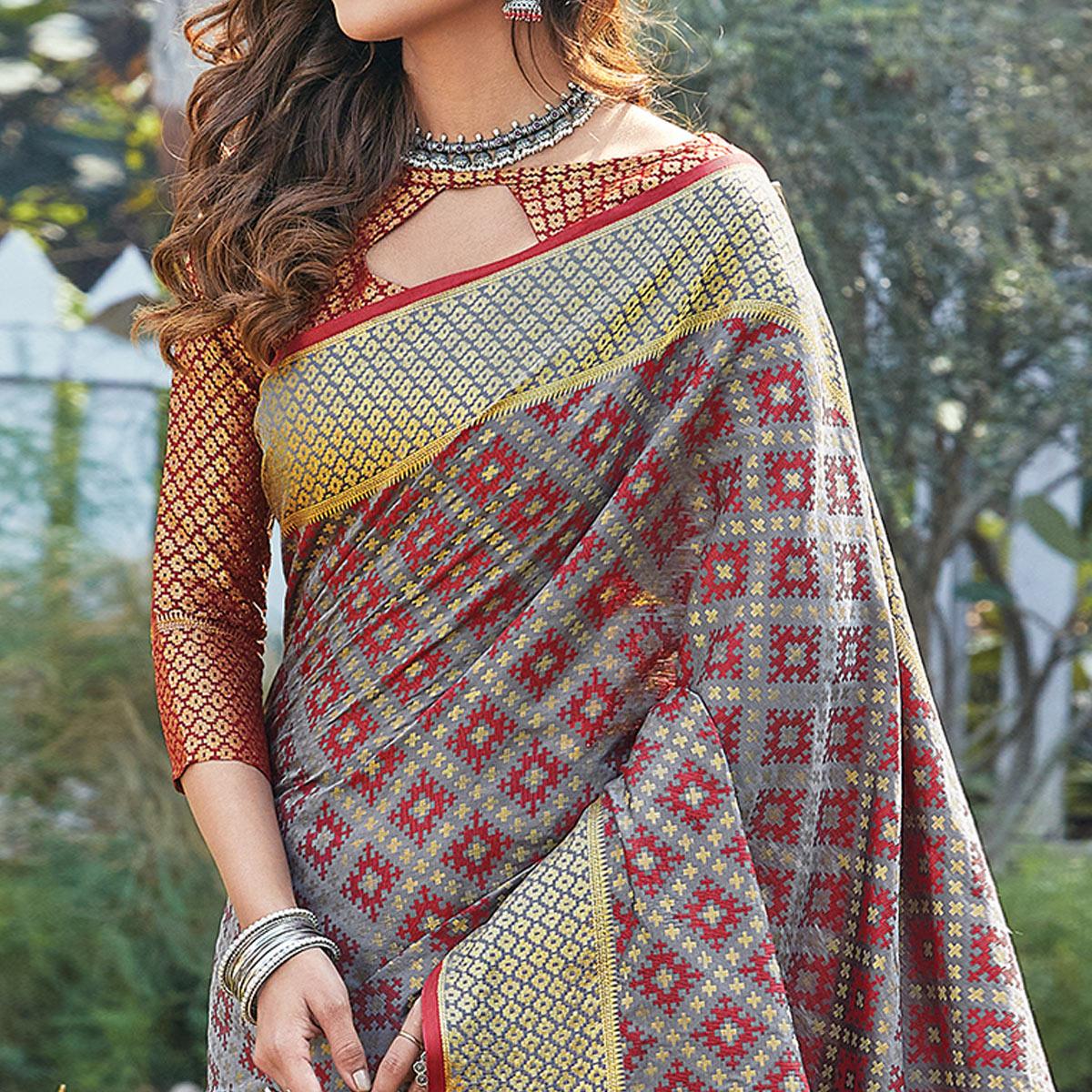 Imposing Grey Colored Festive Wear Patan Patola Silk Saree