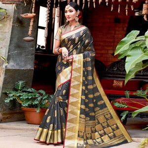 Imposing Grey Colored Festive Wear Woven Cotton Handloom Saree
