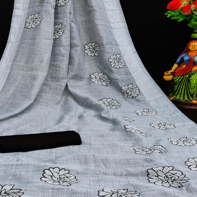 Imposing Grey Coloured Striped Pattern Printed Casual Wear Cotton Saree