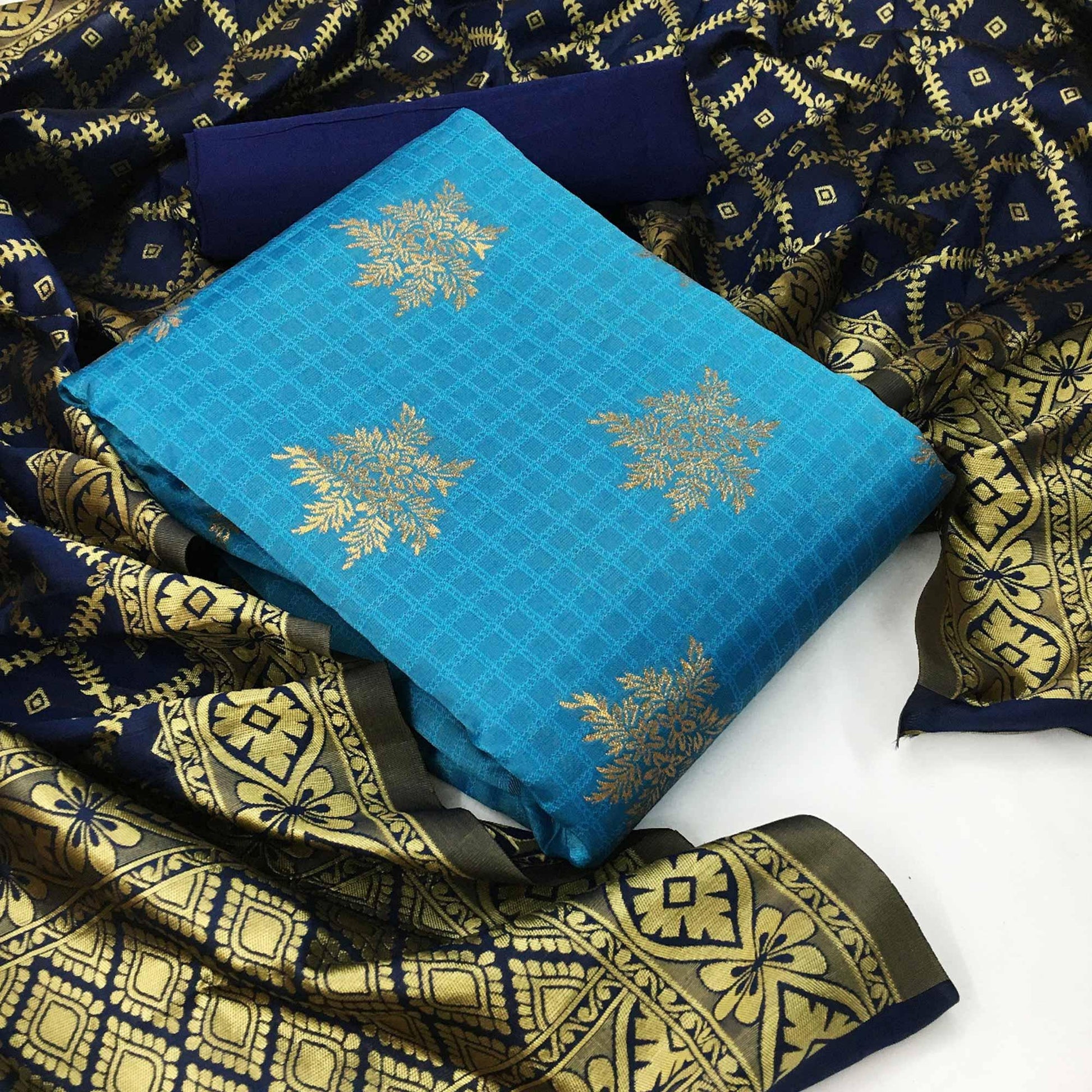 Imposing Light Blue Colored Casual Woven Banarasi Silk Dress Material