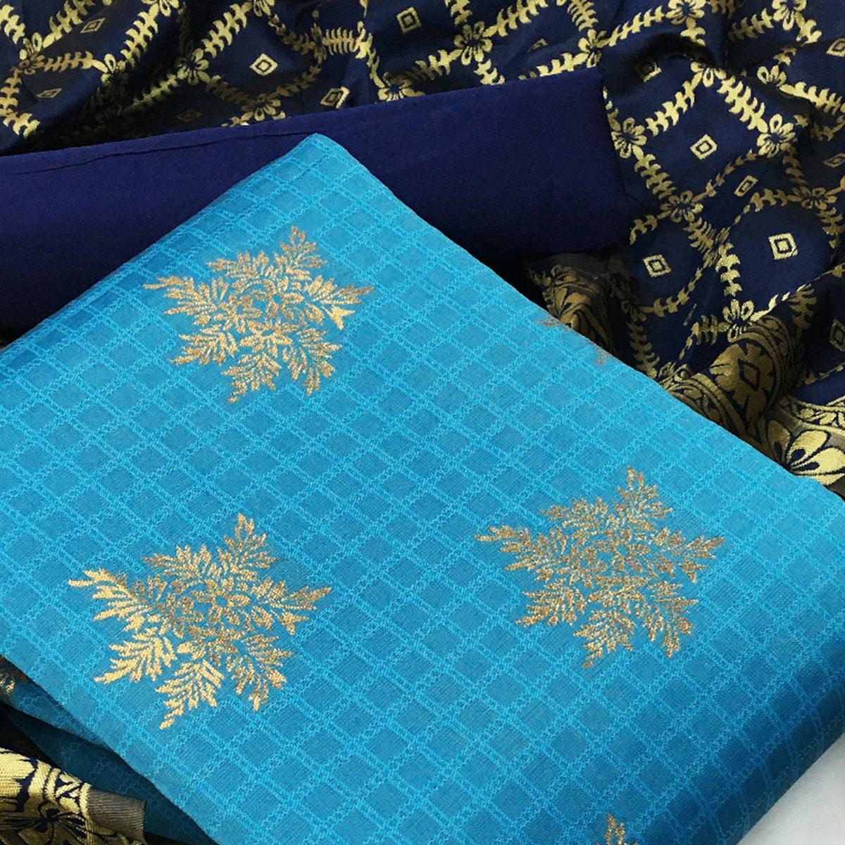 Imposing Light Blue Colored Casual Woven Banarasi Silk Dress Material