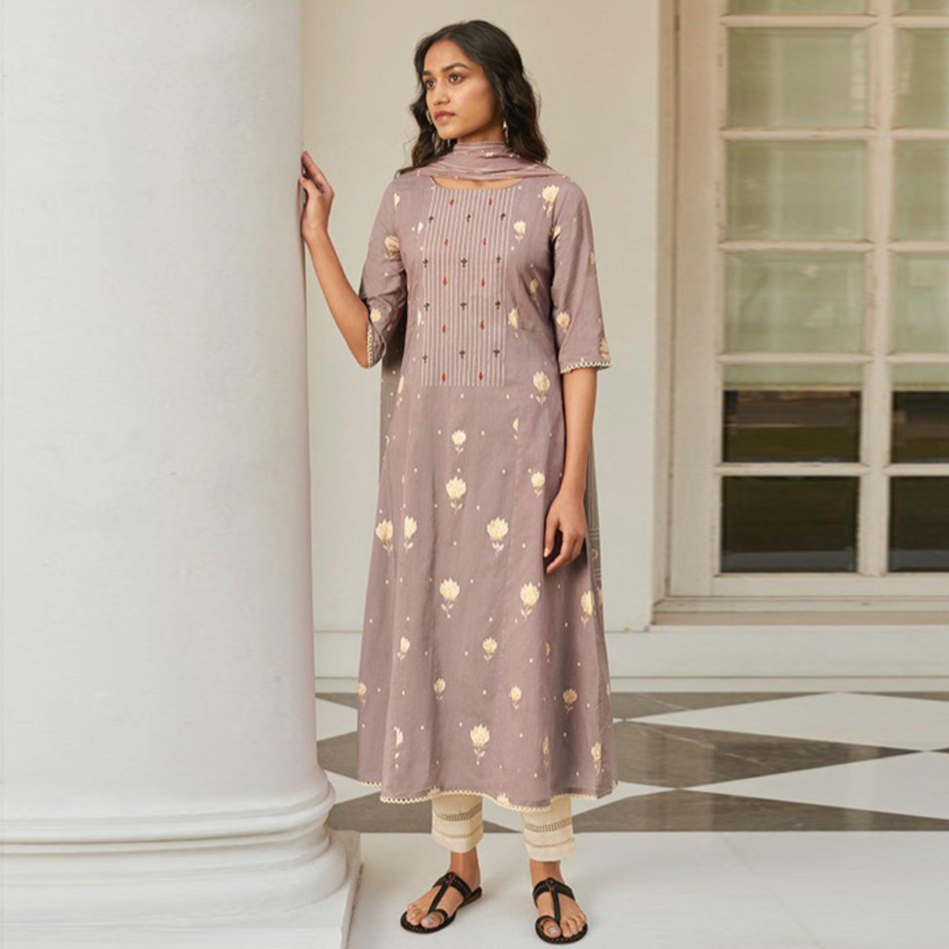 Imposing Light Brown Colored Casual Wear Printed Pure Cotton Suit
