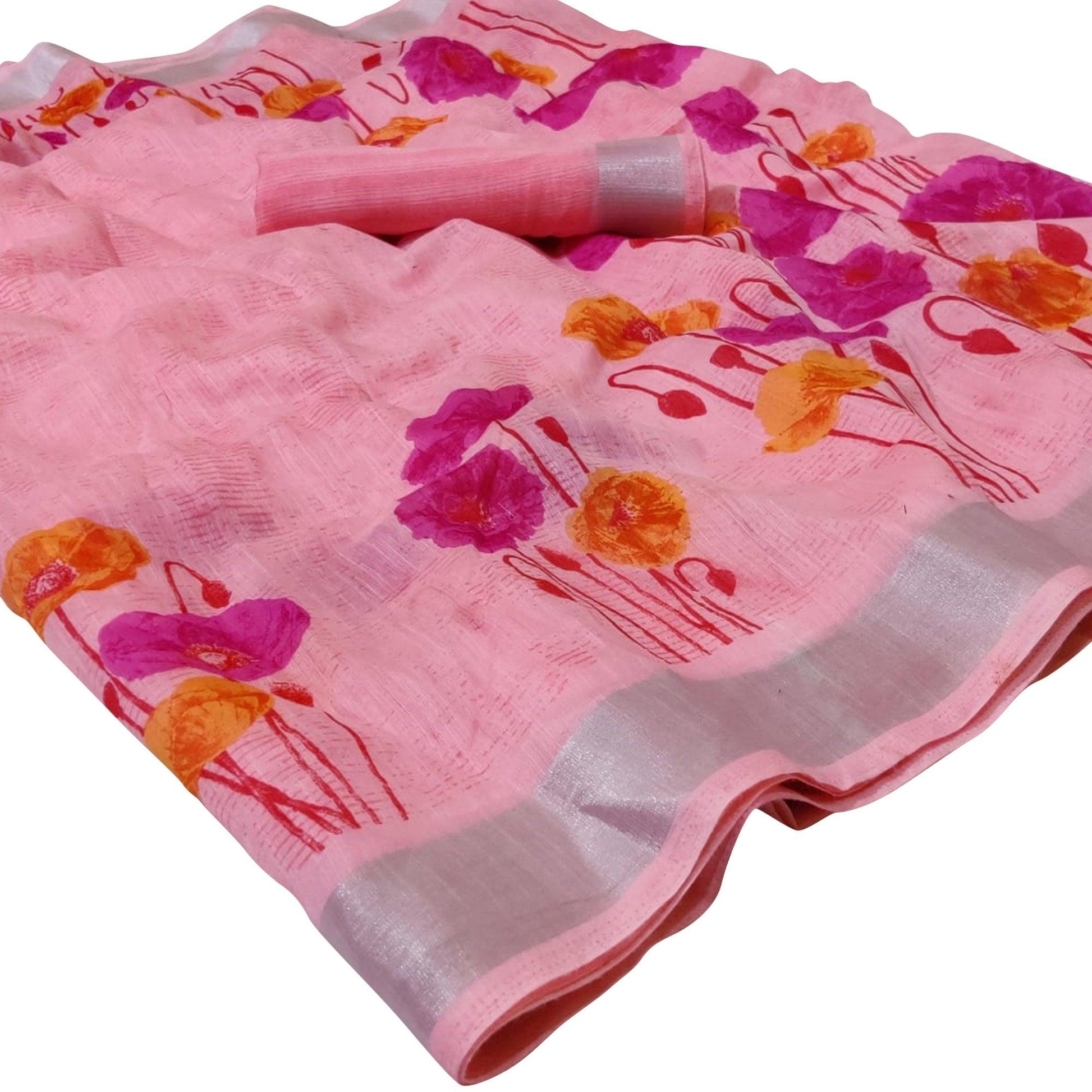Imposing Light Pink Colored Casual Floral Printed Linen Saree
