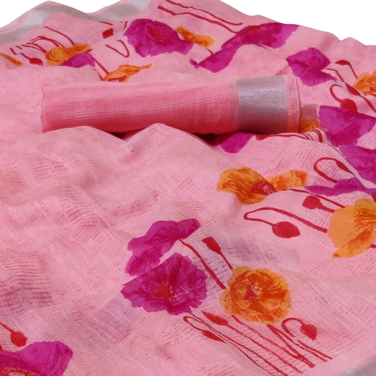 Imposing Light Pink Colored Casual Floral Printed Linen Saree