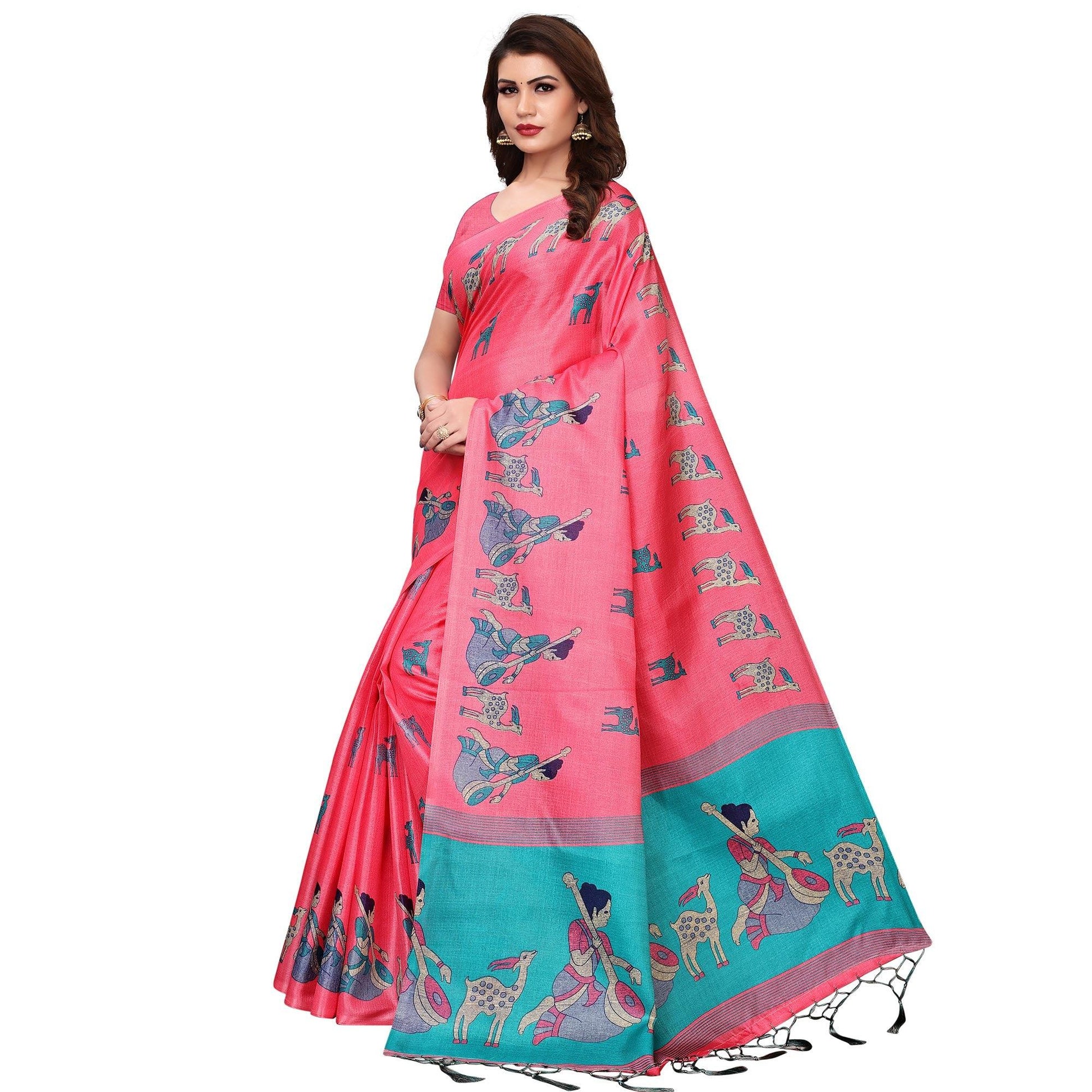 Imposing Light Pink Colored Festive Wear Printed Art Silk Saree