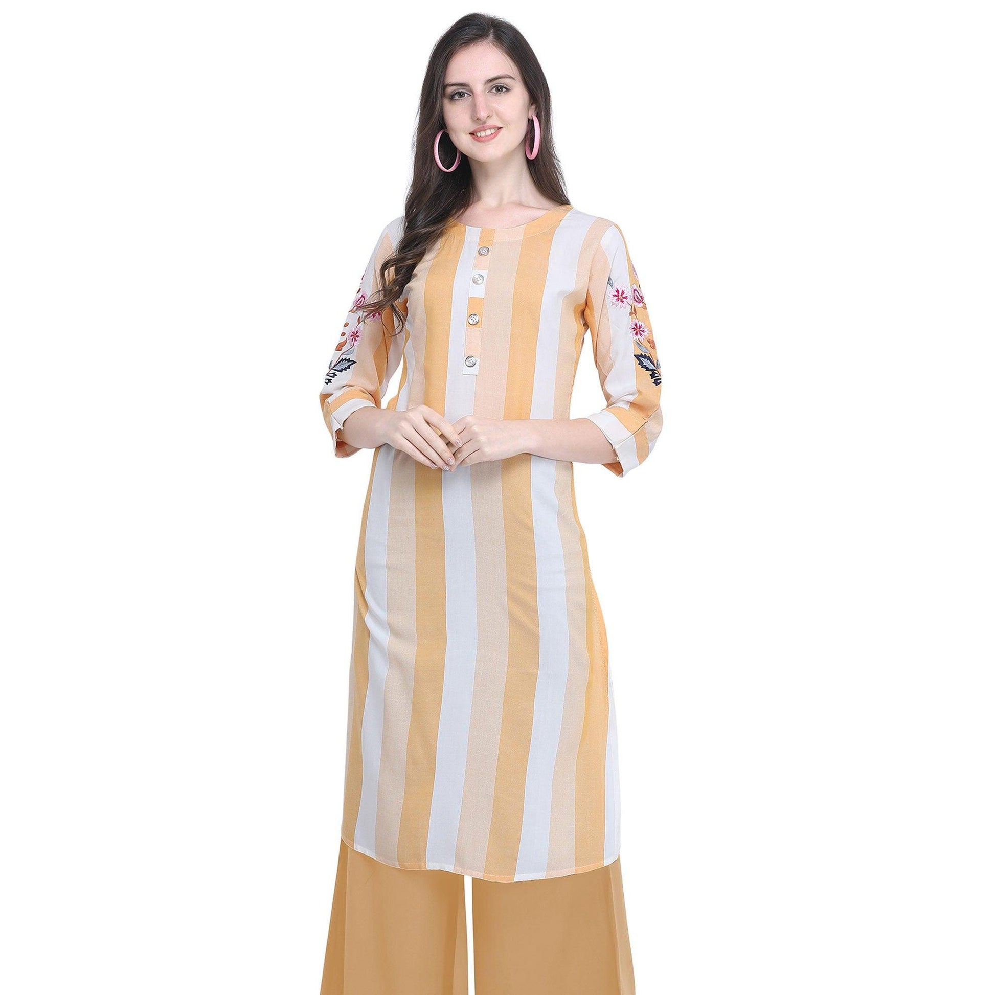Imposing Light Yellow Colored Casual Embroidered Rayon Kurti