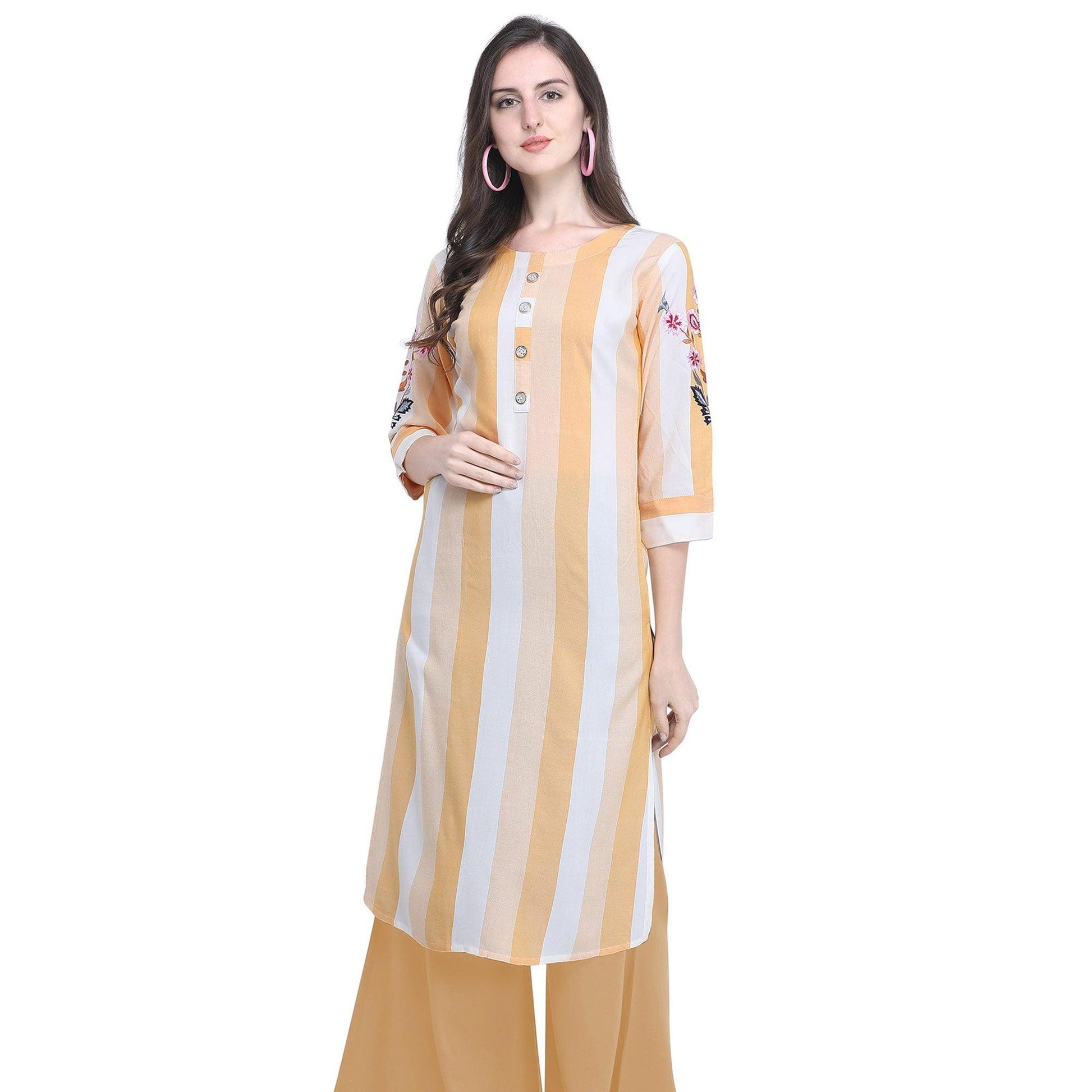 Imposing Light Yellow Colored Casual Embroidered Rayon Kurti