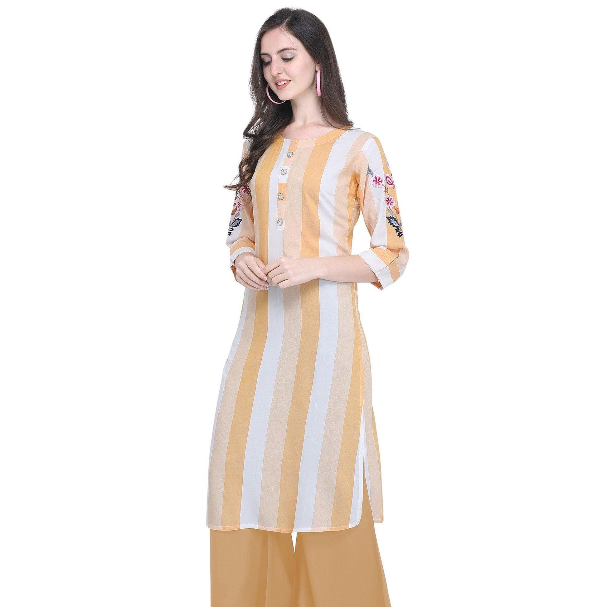 Imposing Light Yellow Colored Casual Embroidered Rayon Kurti