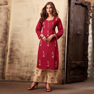 Imposing Maroon Colored Casual Wear Embroidered Rayon Kurti Palazzo Set