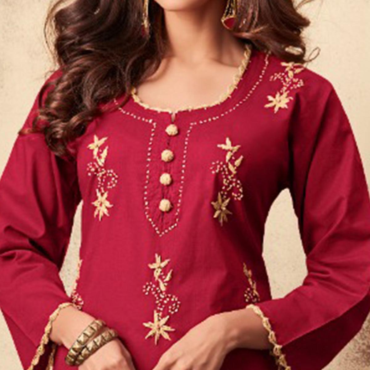 Imposing Maroon Colored Casual Wear Embroidered Rayon Kurti Palazzo Set