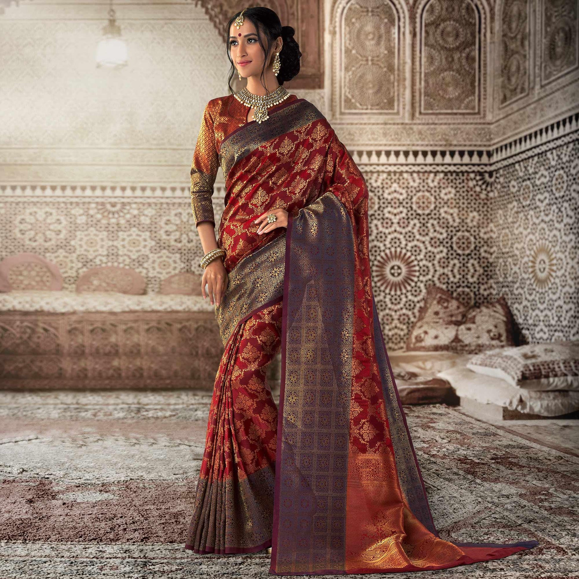 Imposing Maroon Colored Festive Wear Woven Silk Saree