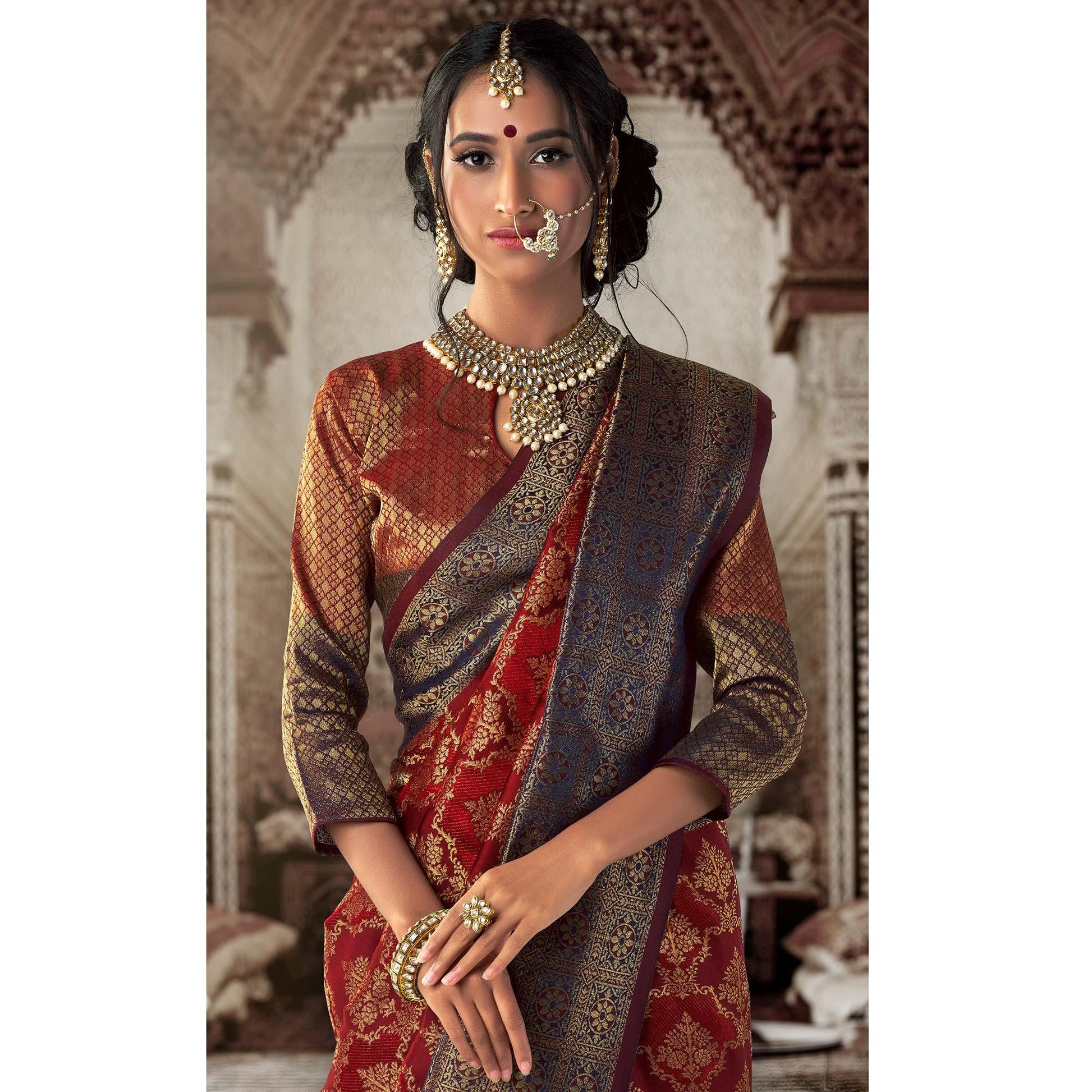 Imposing Maroon Colored Festive Wear Woven Silk Saree