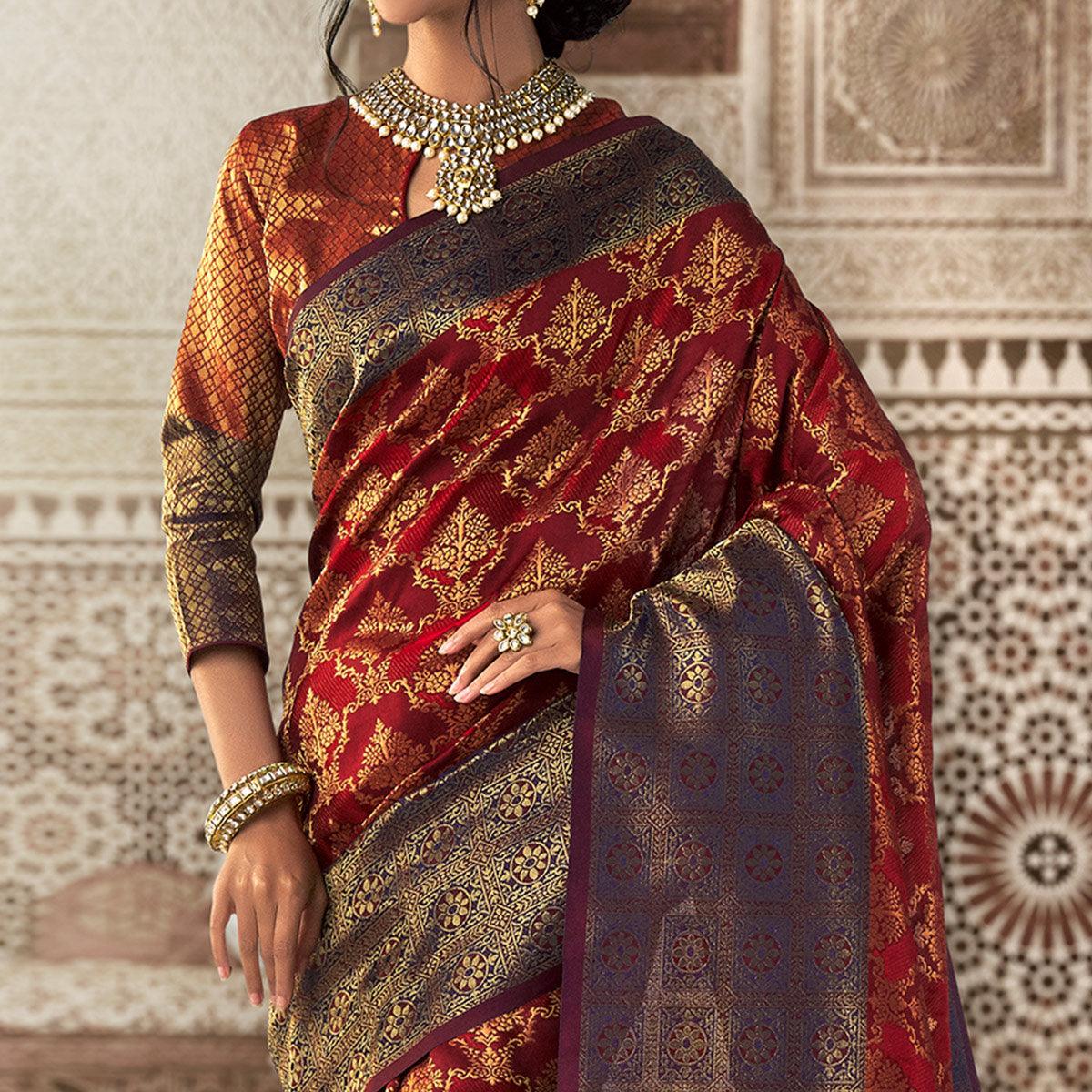 Imposing Maroon Colored Festive Wear Woven Silk Saree