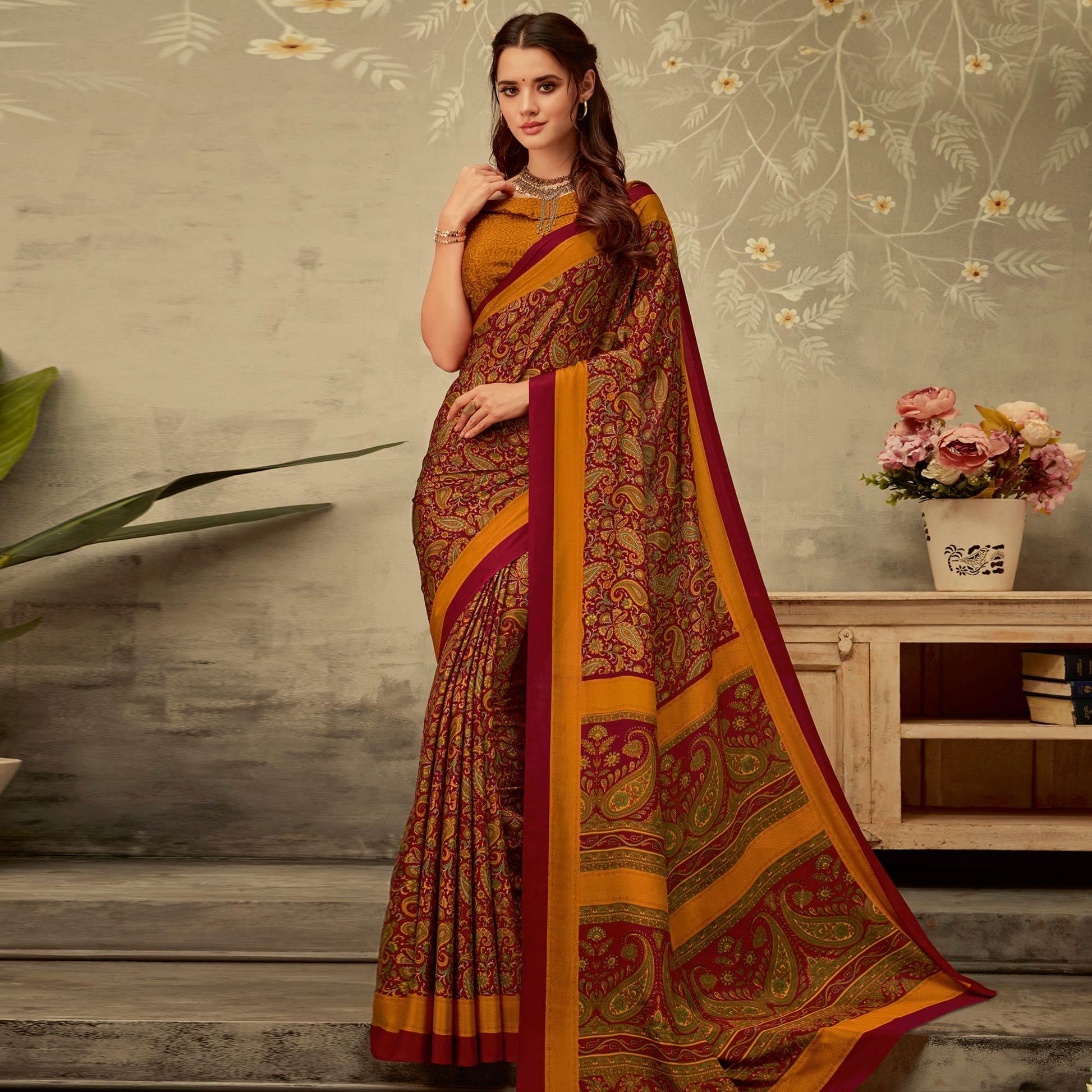 Imposing Maroon-Yellow Colored Partywear Printed Crepe Saree