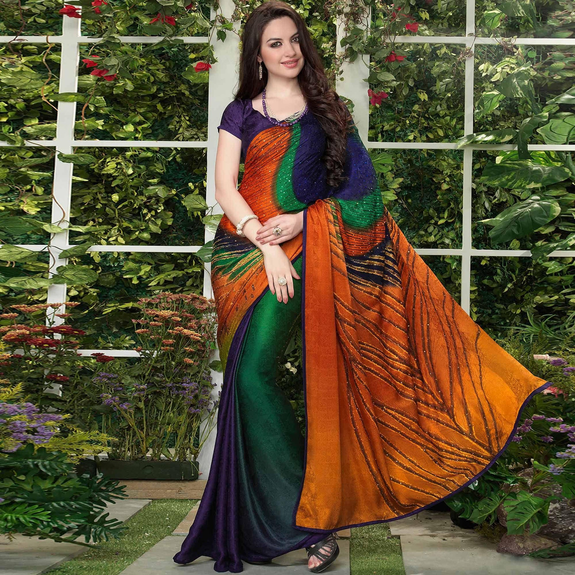 Imposing Multi Colored Party Wear Printed Silk Crepe Saree